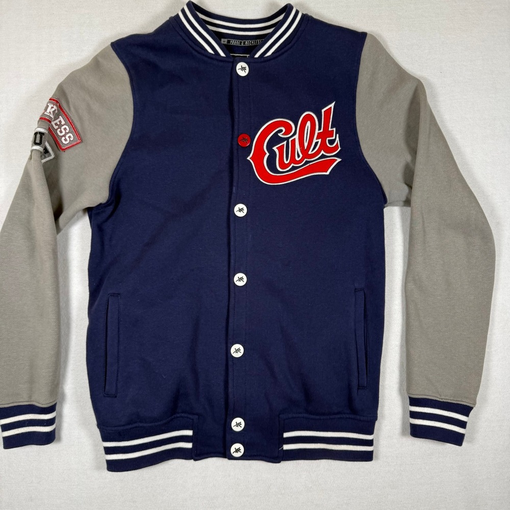 Young & Reckless Mens Cult Varsity Jacket Navy Blue Grey Small Snap Front Fleece